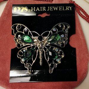 Vtg 1928 Hair Jewelry Barrette Silver Butterfly Green Lucite AB Blue Rhinestone